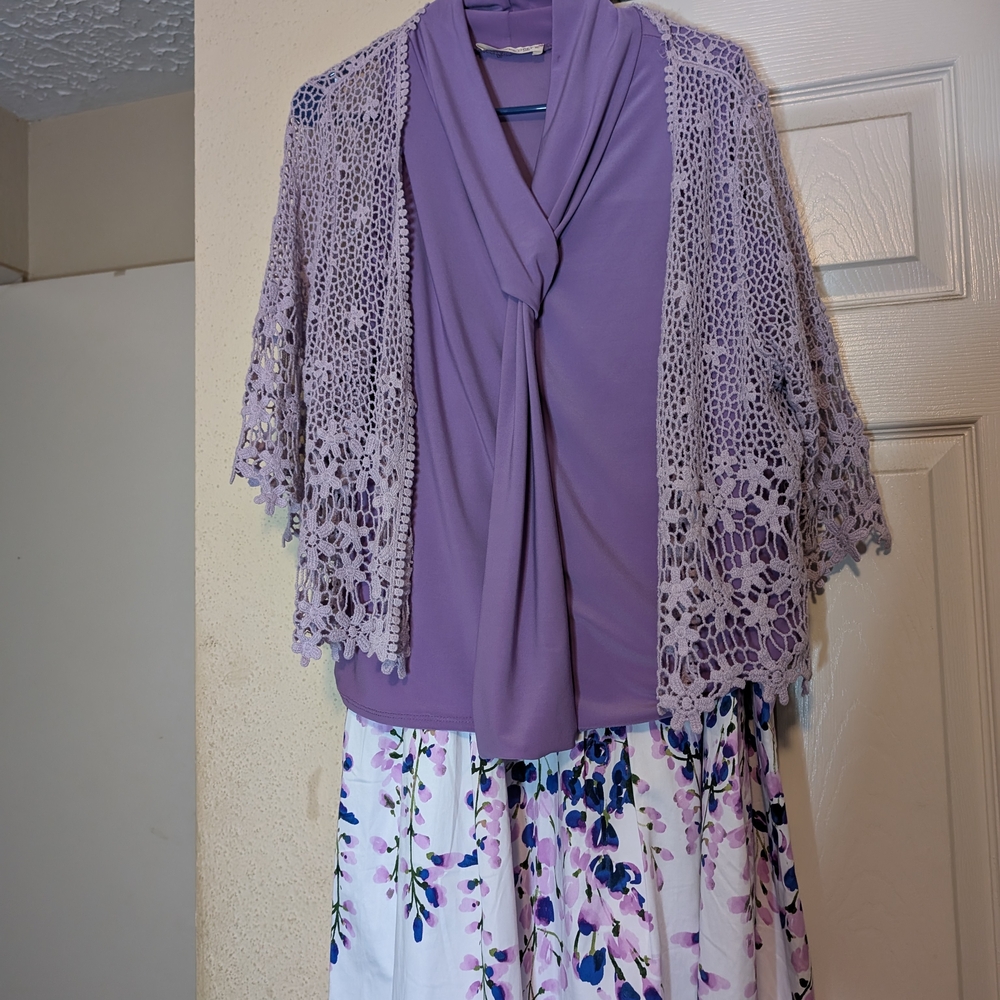 Purple Top with Lace Cardigan and Floral Skirt And 3pices Skirt set